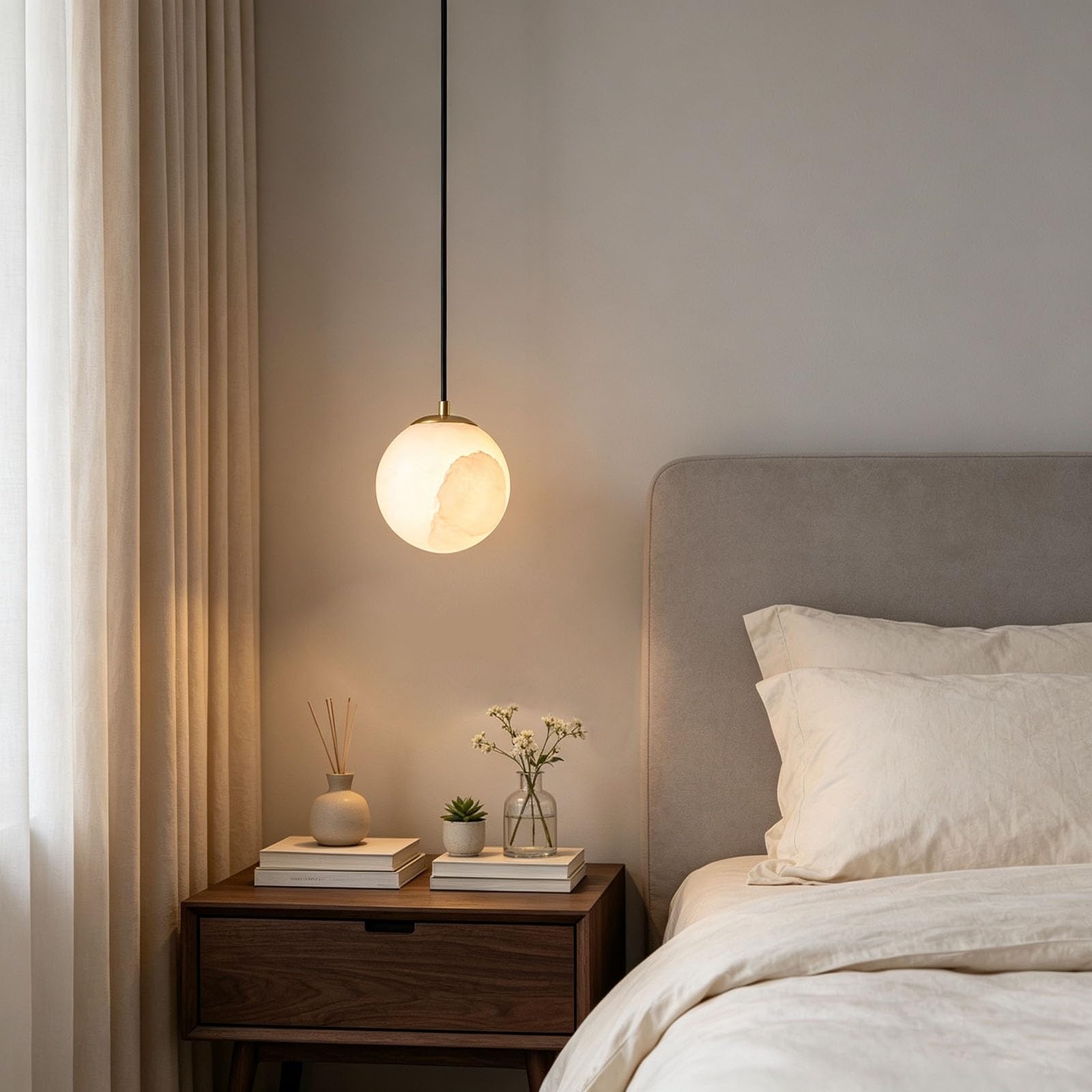 Lampada a sospensione con accento minimalista in ottone | Lampada a sospensione moderna in marmo con cavo regolabile Lampadario minimalista con paralume in alabastro