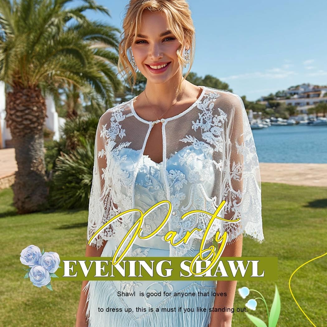 JAKAWIN Lace Shawl Wrap White Flower Capelet Bridal Cape for Women - Image 5
