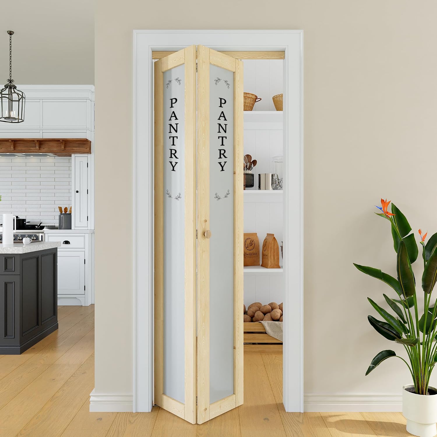 28" x 80" Glass Bifold Pantry Door, White Frosted Doors with Complete Hardware Kit, Barn Door Slab Interior Folding Doors with Self-Adhesive Waterproof & Fade-Resistant Pantry Sticker