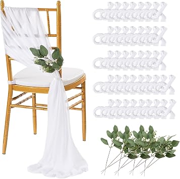 QueenDream White Sashes Wedding Chair Decorations 50PCS Tulle Chair Cover Bands Aisle Sheer Chairs Bows for Indoor Outdoor Ceremony Banquet