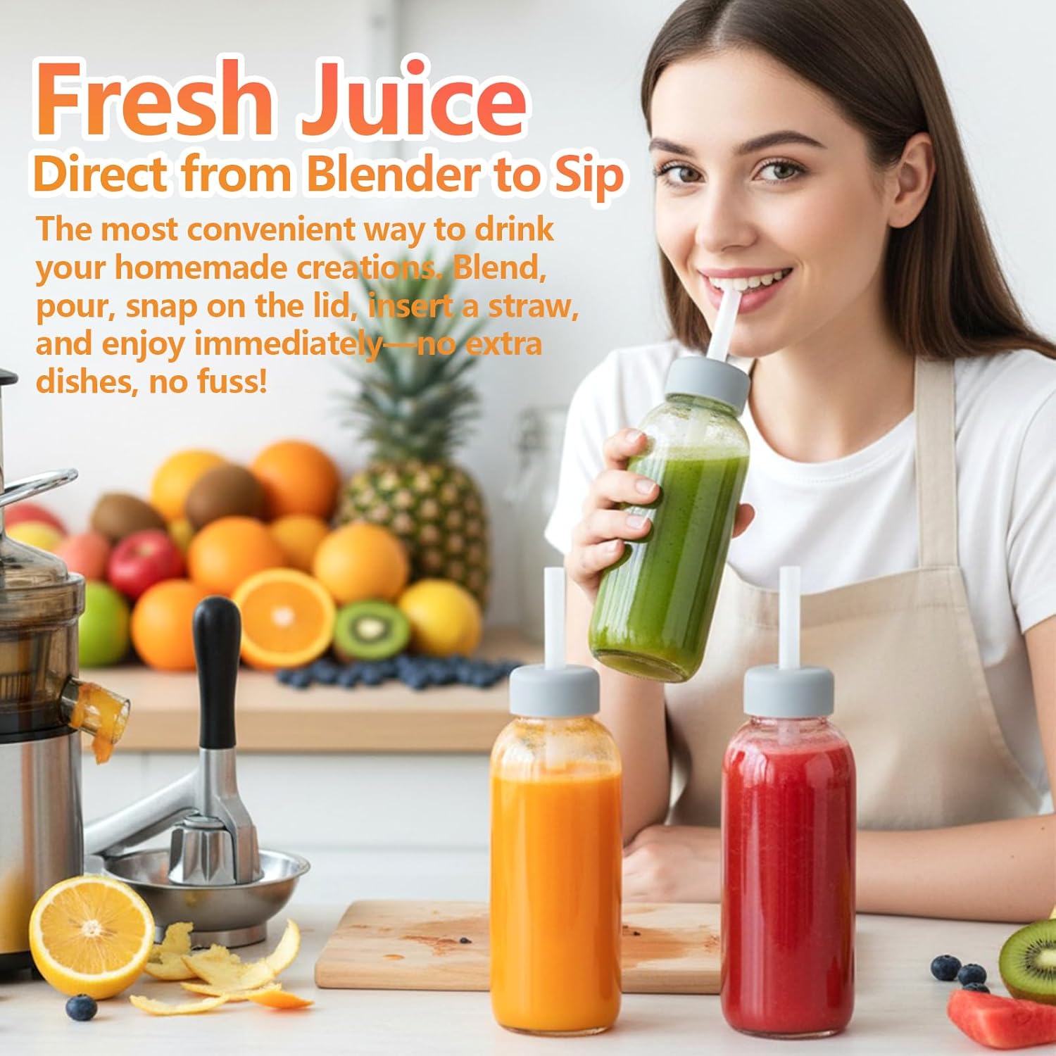 Zukro Glass Water Bottles with Lids 12 oz, Reusable Clear Juice Bottles With Stainless Steel Airtight Cap for Juicing, 100% Leak Proof Juice Drinking Jar for Ginger and Milk, BPA Free, Set of 8 - Image 7