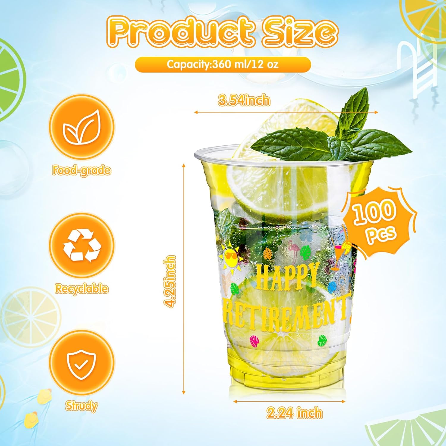 Potchen 100 Pcs 100 Pcs Retirement Party Cups 12 oz Hawaiian Luau Disposable Plastic Cups Tropical Summer Party Decorations Drinkware for Beach, Retirement Celebration Supplies