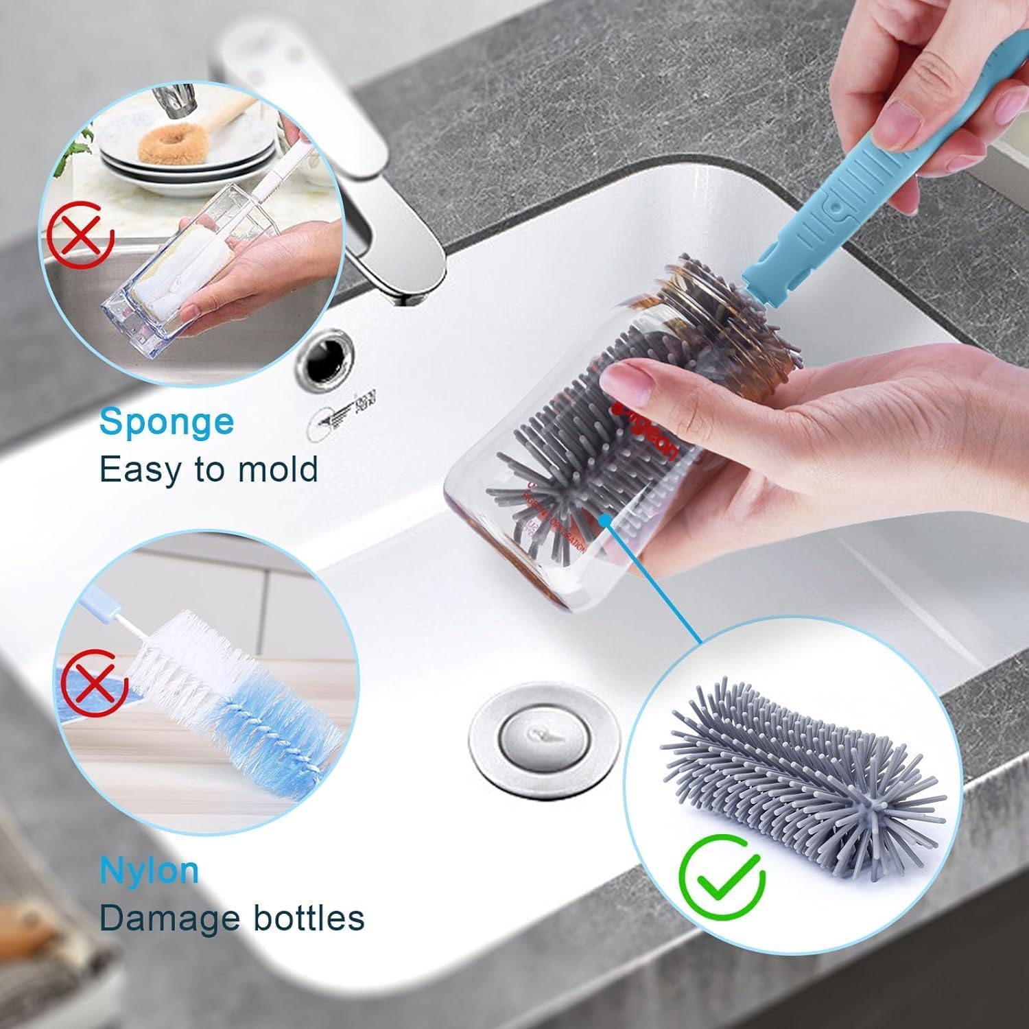 Parssufy Portable Baby Bottle Brush Kit Travel Feeding Bottle Cleaning Set Nursing Bottle Cleaner with Extendable Silicone Bottle Brush/Nipple Brush/Straw Brush/Drying Rack/Soap Dispenser/ (Blue) 2