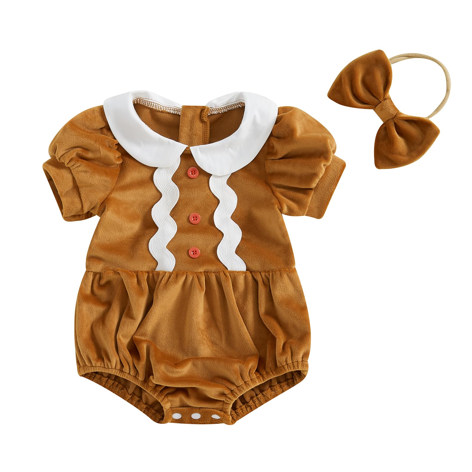 VSQWLZT Infant Baby Girl Christmas Dress Velvet Gingerbread Romper Collared Puffy Sleeve Dresses Toddler Fall Winter Clothes (Beige, 3-6 Months)