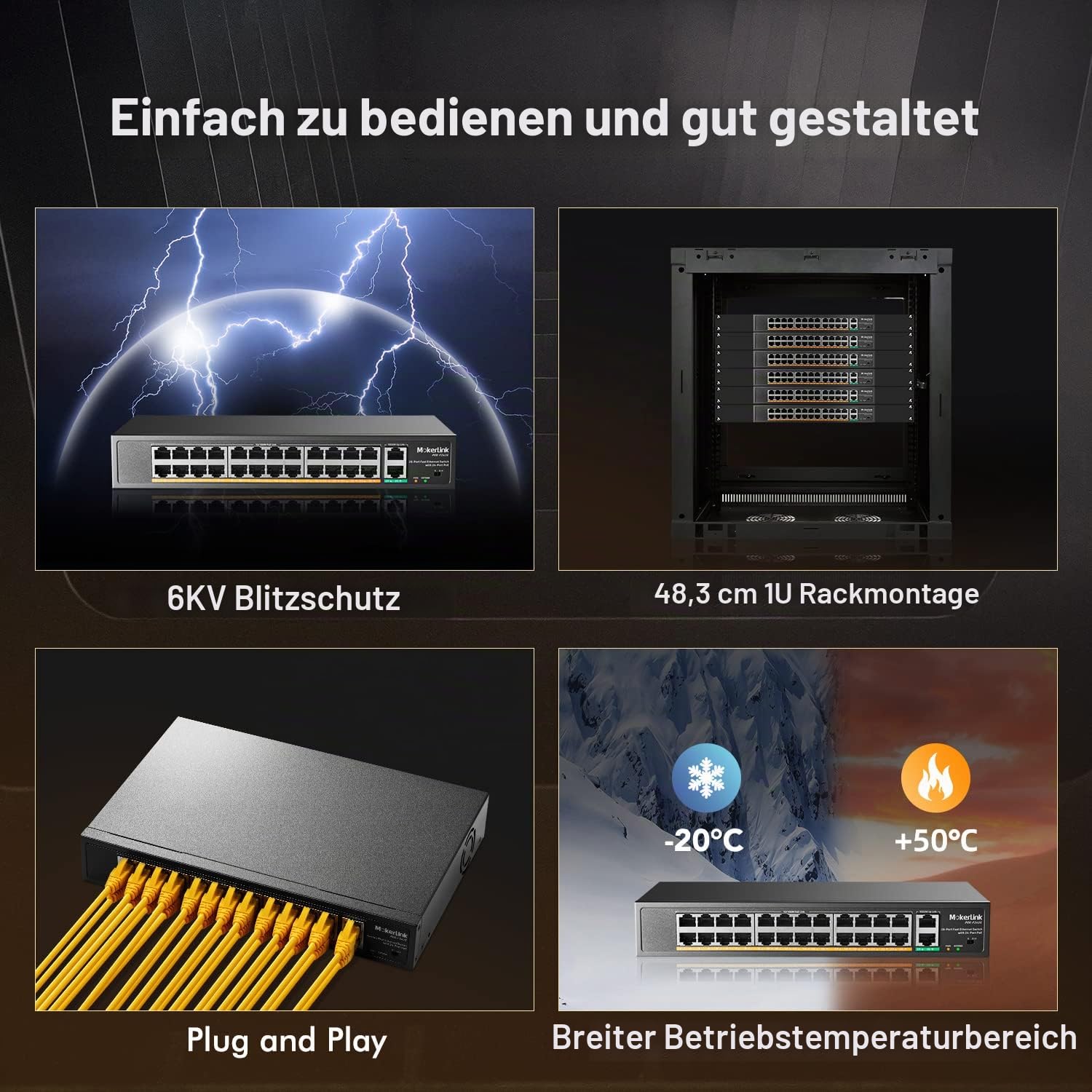 MokerLink 24 Port PoE Switch, 2 Gigabit Uplink Ethernet Port, 400 W Hochleistung, Unterstützung von IEEE802.3af/at und Nicht verwaltetem PoE + für die Rackmontage