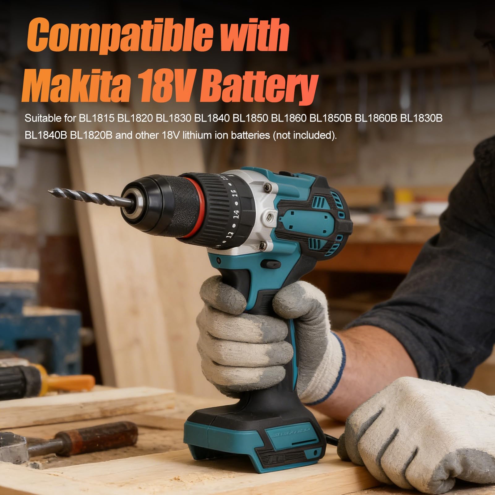 Taladro Inalámbrico para Batería Makit de 18 V, par Potente Máximo de 140 Nm, 3 Configuraciones de Torsión y 2 Velocidades Variables, 0-450 R/min, 0-1800 R/min, para Bricolaje y