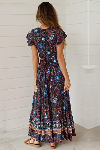 Miniatura 6 de Prettygarden Vestido largo, bohemio, de verano, con abertura lateral y cuello en V profundo, manga corta, con cinturón