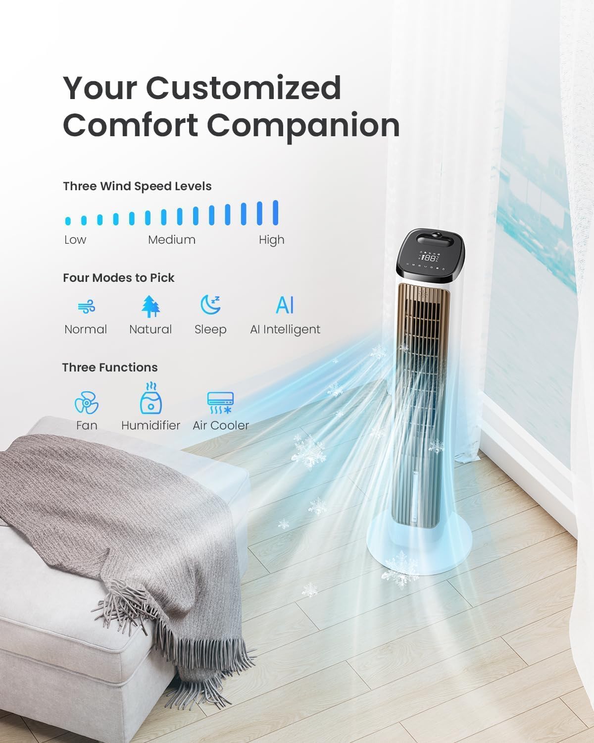 PNTCK 41" Evaporative Air Cooler, 80° Oscillation Swamp Cooler with Ice Packs, 12H Timer, Remote, 3 Speeds & 4 Modes, Bladeless Tower Fan Cooling Fan for Bedroom Office Home Room