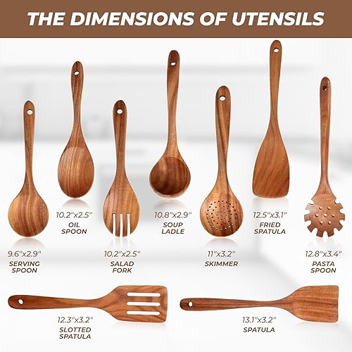 Miniatura 4 de AIUHI Juego de utensilios de cocina de madera de teca natural, 9 cucharas de madera para cocinar, juego de utensilios de cocina antiadherentes,
