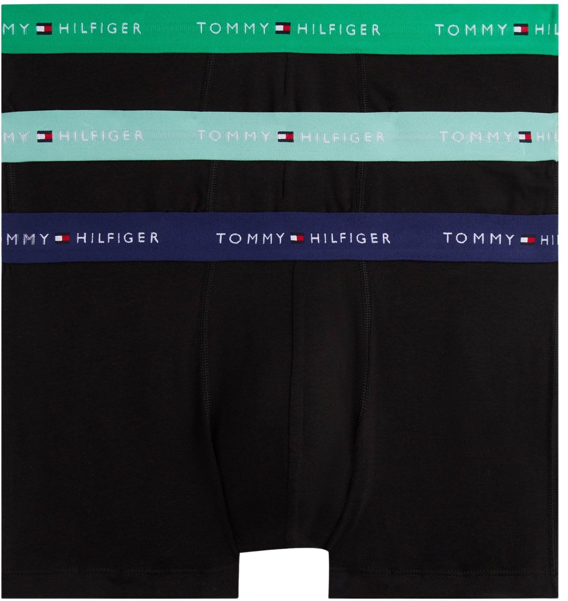 Tommy Hilfiger Men’s 3 Pack Trunks with Logo Waistband, Multicolor (Mint Jade/Olympic Grn/Prp Nvy), S