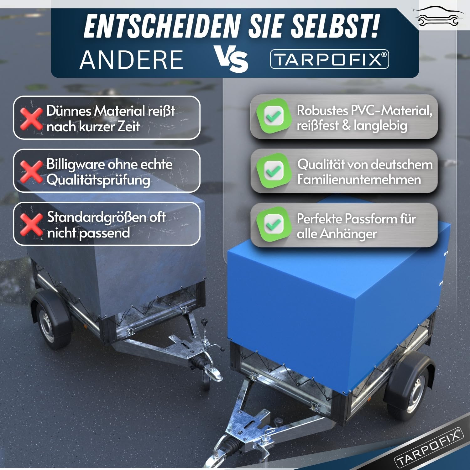 Tarpofix® Anhänger Plane 209x114x65 cm inkl. Planenseil | Anhängerplane Hochplane aus PVC PLANENMATERIAL | Verstärkte Stema Hänger Abdeckplane für 750kg PKW Autoanhänger | Abdeckung Blau