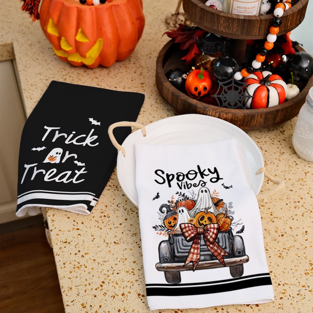 2 Stück Halloween Geschirrtücher Aus Mikrofaser - 40x60 Cm Mit Kürbis & Geistern, Saugstark & Dekorativ
