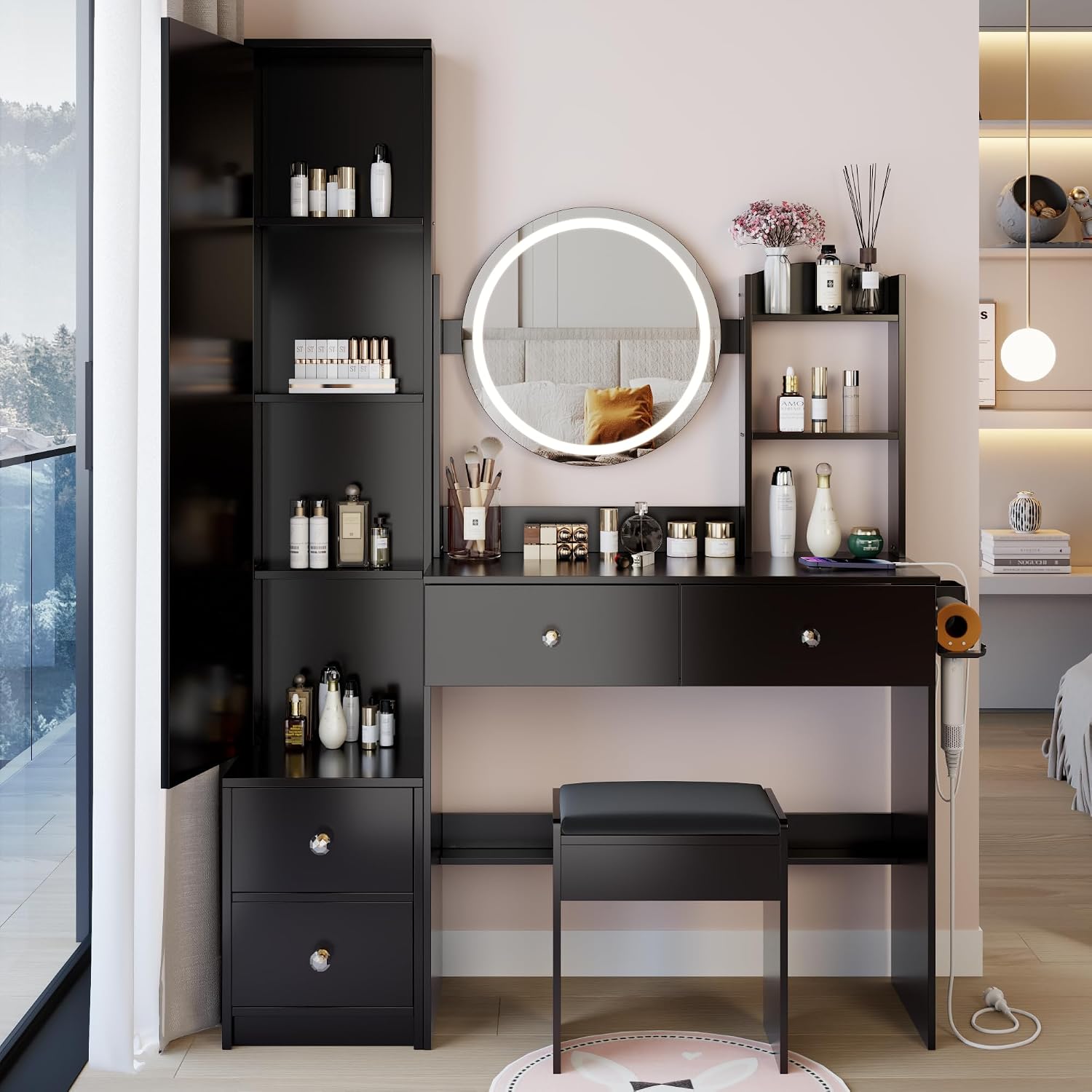 Montary 43.3" Large Vanity Desk Set: Full - Body Mirror + 2 AC & 2 USB Outlets + Hair Dryer Holder, Soft Cushion Stool, Large Mirror, LED Light, Drawers & Storage, Black