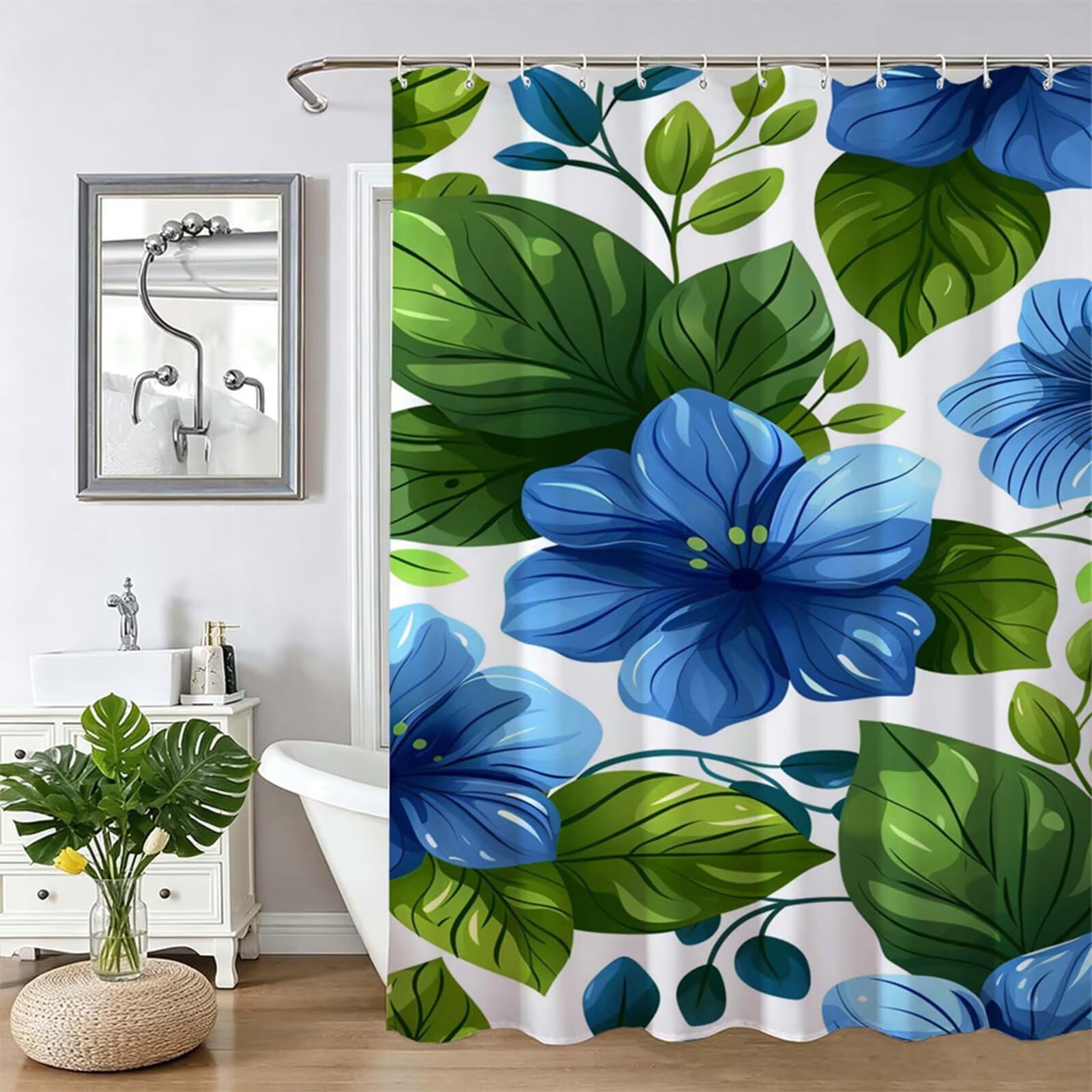 Tenda Doccia in Poliestere verde, Tende per Doccia Extra Lunga 240x200cm, fiore Tenda Vasca da Bagno Tessuto Lavabile, Impermeabile e Facile da Pulire, con 12 Ganci, Decorazione per Bagno, Hotel Z-550