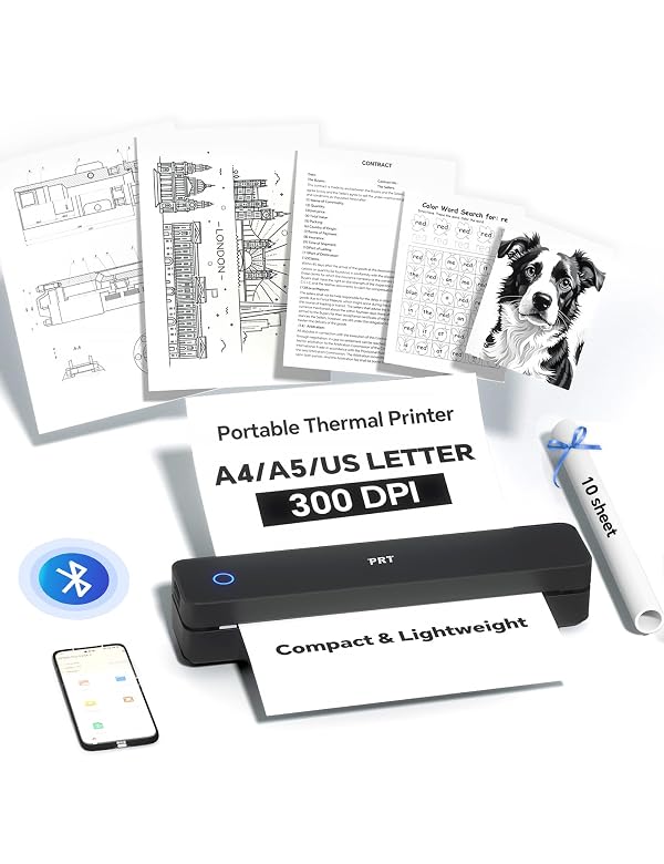 PRT Portable Printer Wireless for Travel, Thermal Inkless Small Bluetooth Mobile Printer, Support 8.5" X 11" US Letter, A4, Compatible with Phone, Laptop for Office, Vehicles, Home Use, 300 DPI, Black by PRT - Used condition - US$53.19