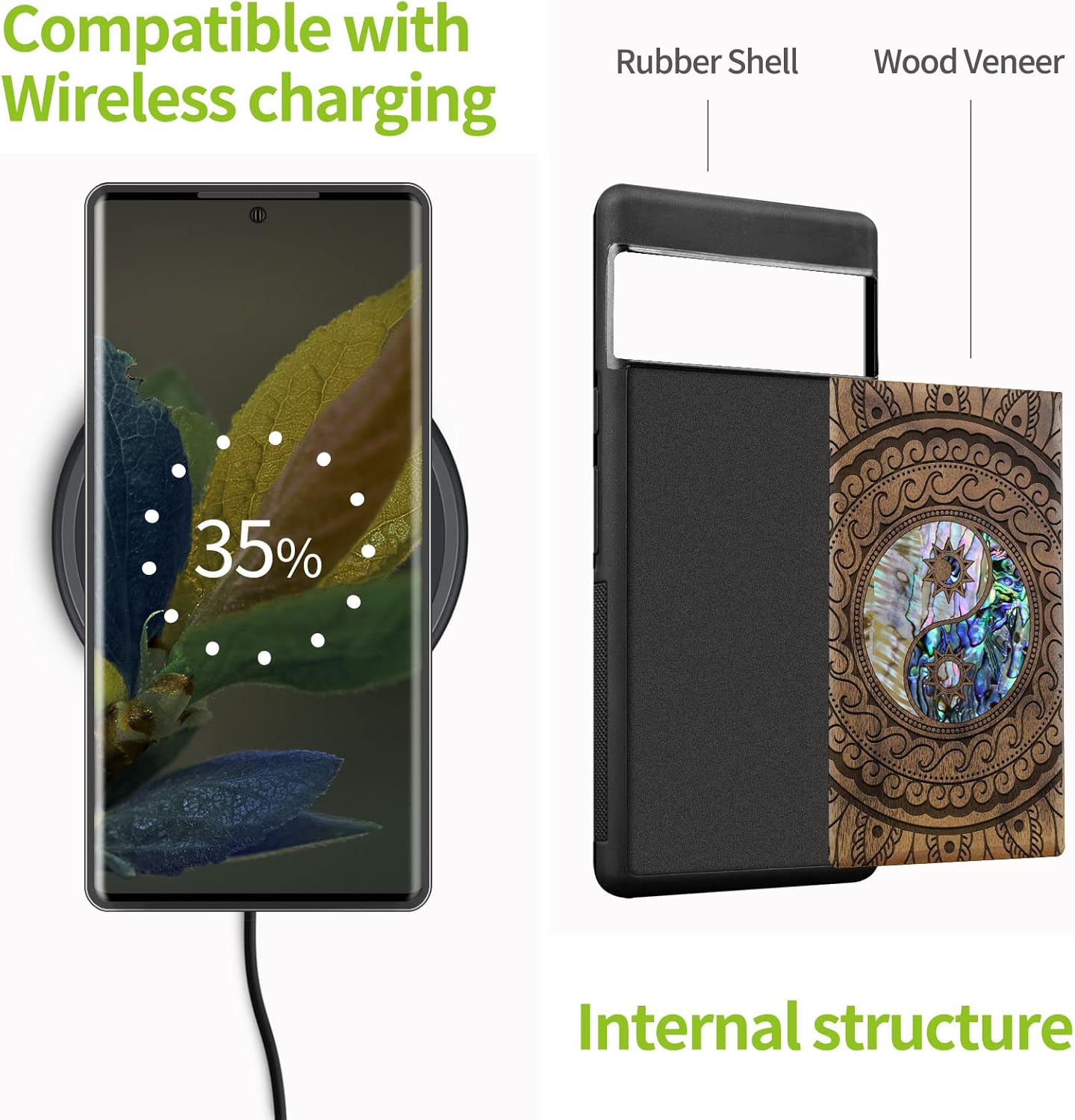 Carveit Designer Wooden Case for Google Pixel 7 Pro Case [Wood Engraving & Shell Inlay] Compatible with Wireless Chargers Pixel 7 Pro (Yin Yang Paisley-Walnut)