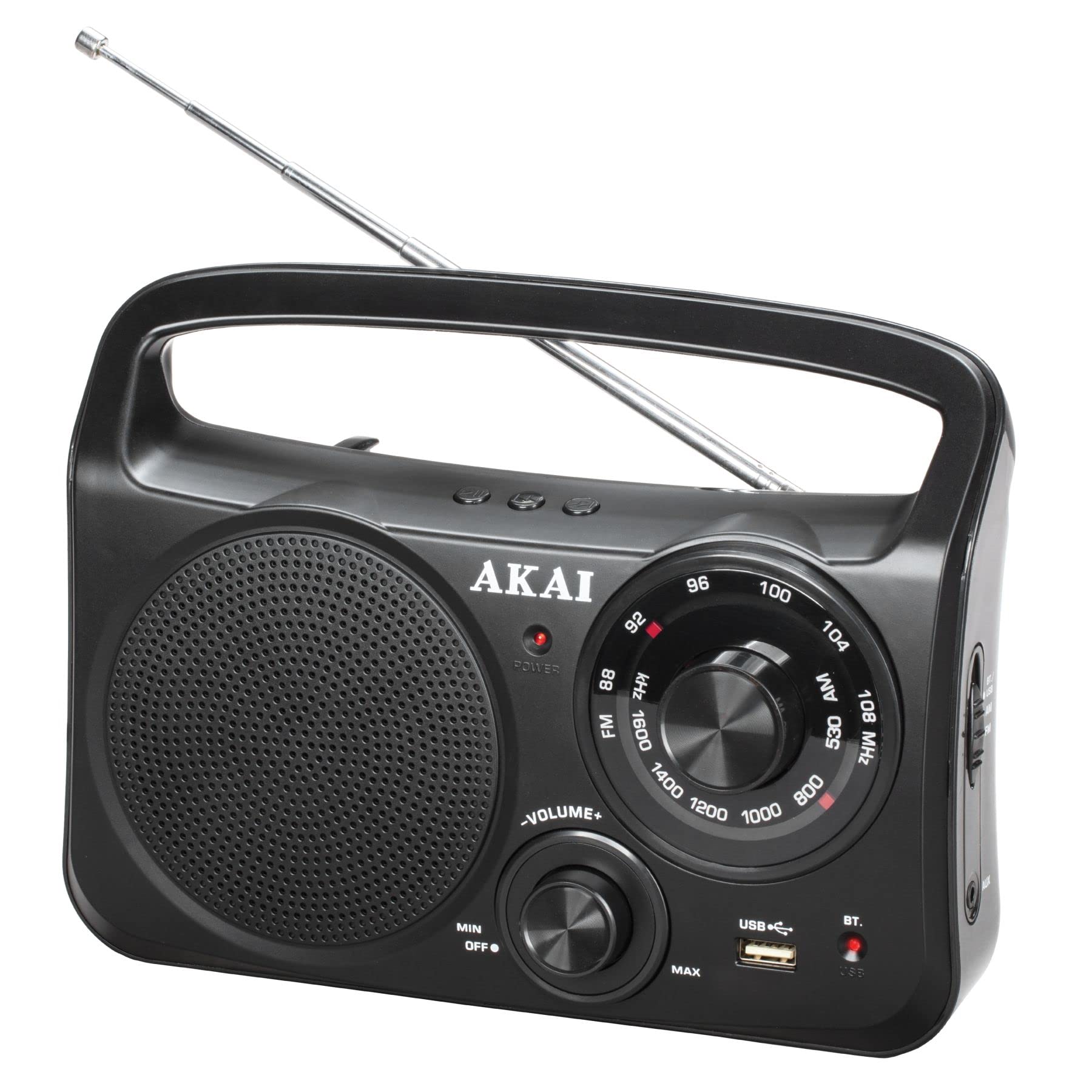 AKAI Radio AM/FM portable avec Bluetooth, USB et AUX classique, robuste et facile à utiliser, affichage LCD, fonctionnement sur piles possible