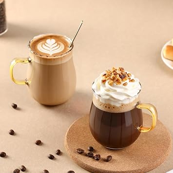 Glass Coffee Mugs 12oz 350ml with Handle and Spoon, Set of 2 | Clear Borosilicate Glass Cups, Bpa Free, Latte Glasses for Cappuccino, Macchiato, Tea, Milk, Juice, Cold & Hot Beverages