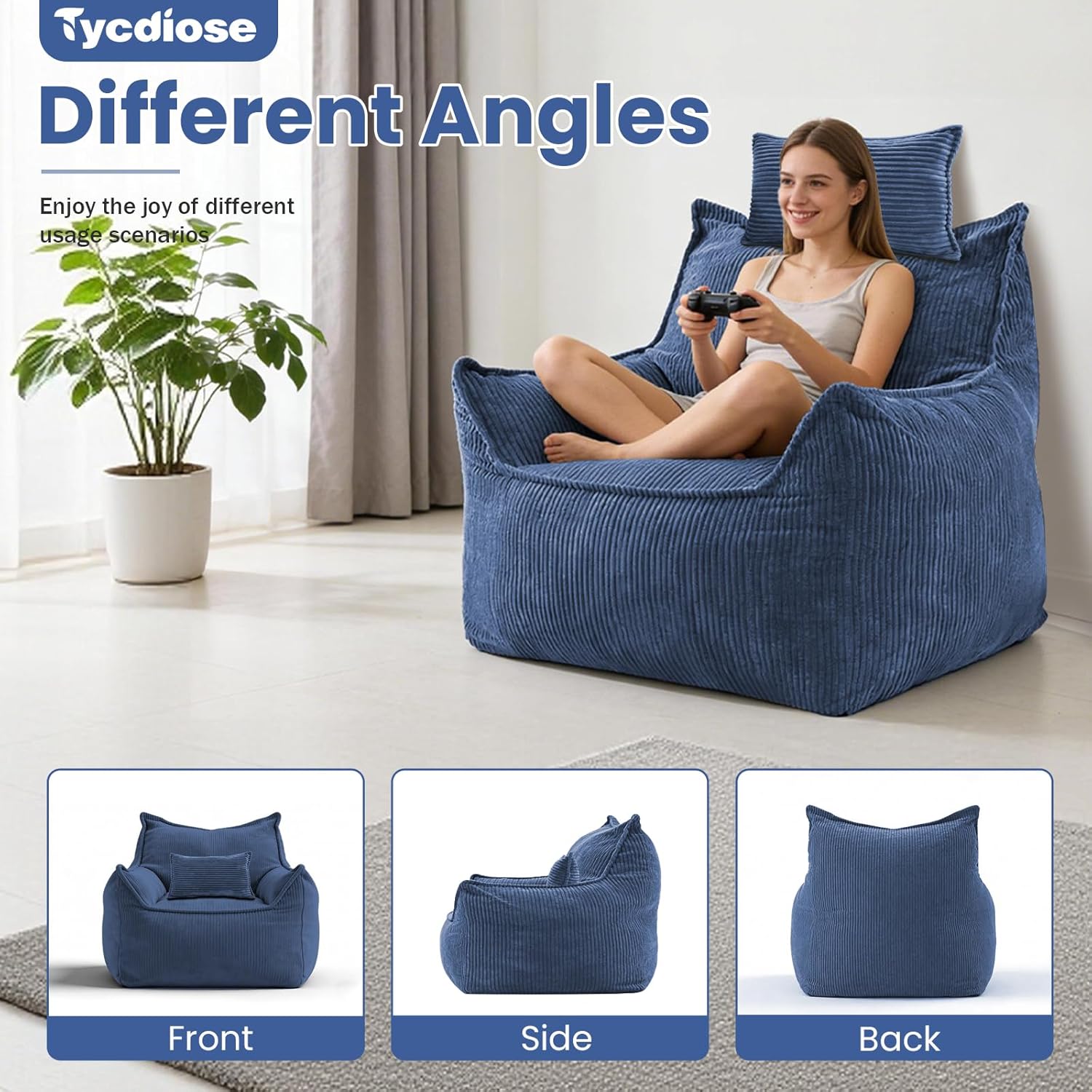 Oversized Bean Bag Chairs with Memory Crushed Sponge Filler for Adults Teens, Comfy Corduroy Large Bean Bag Couch Armchair for Reading Bedroom Living Room, Giant Reading BeanBag Chair, Navy
