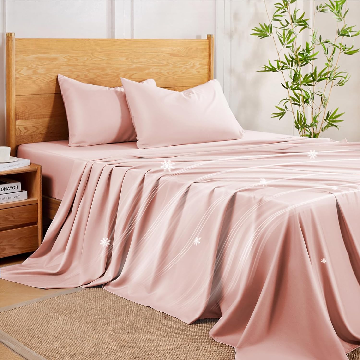 MR&HM King Size Sheets Set, 4-Piece Cooling Sheets, Rayon Derived from Bamboo & Polyester Blend, Soft & Silky, 15" Deep Pockets with Elastic Straps, Hotel Luxury for Hot Sleepers, Pink