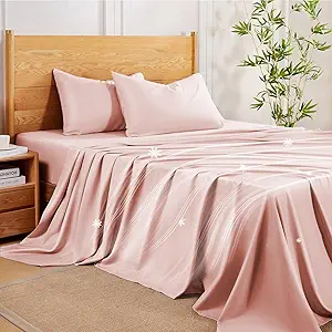 MR&HM Twin Sheets Set, 3-Piece Cooling Sheets, Rayon Derived from Bamboo & Polyester Blend, Soft & Silky, 15" Deep Pockets with Elastic Straps, Hotel Luxury for Hot Sleepers, Pink