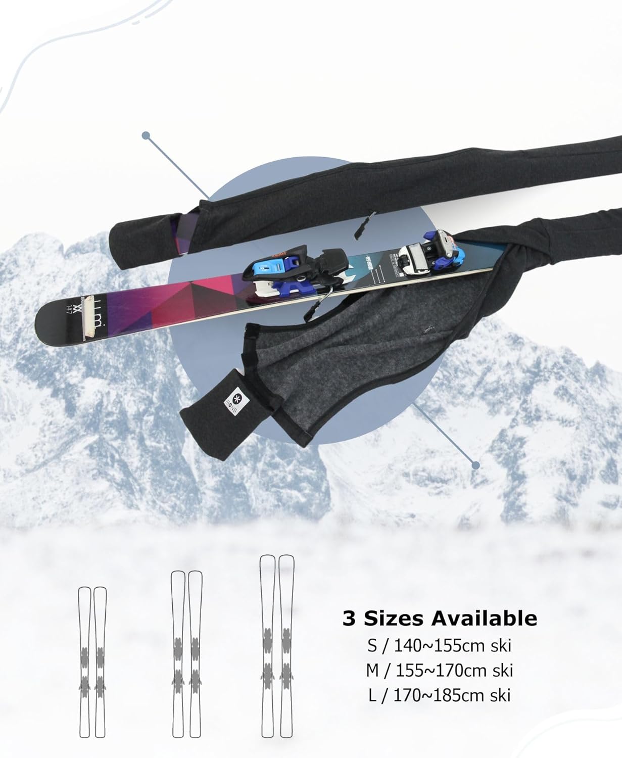 MONS Snow Skis Protection Fabric Soft Sleeve Cover Wide Open Easy Pack