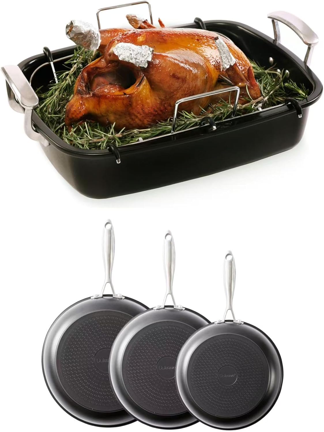 Uukrave Nonstick Turkey Roasting Pan with Rack - Large 18.5 x 14.7 Inch Heavy Duty Roaster for 25 lb Turkey or Chicken, and Nonstick Ceramic Frying Pan Set, Ceramic Pan For Cooking with Stay-Cool Hand