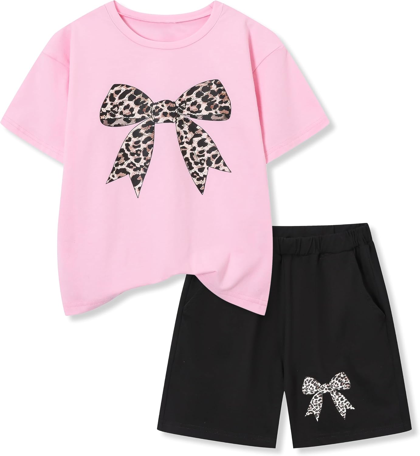 Kid Girl 6-11 Years Summer 2-Piece Outfit Set - Daisy/Bow Print Top & Patterned Shorts Clothing Set