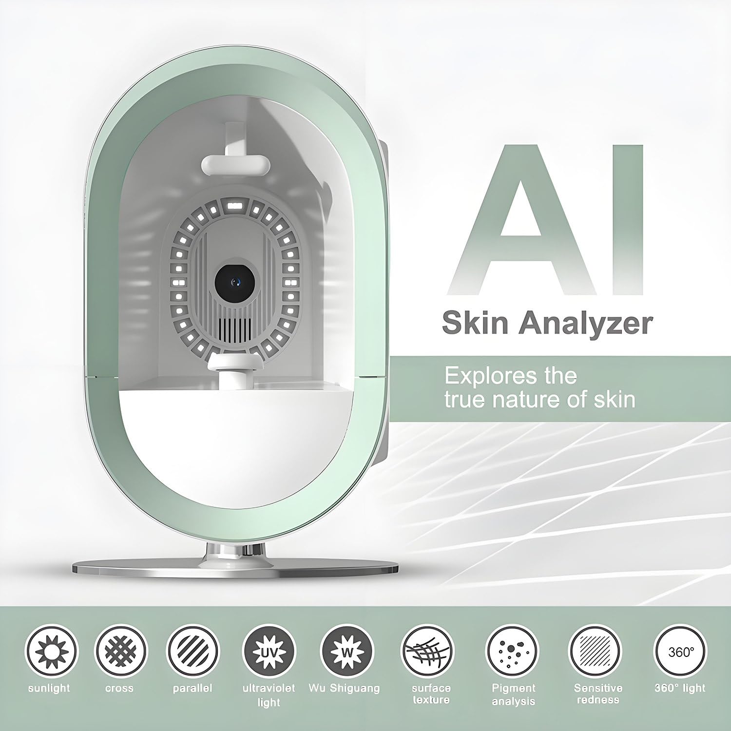 Macchina per l'analisi della pelle professionale per il viso - Imaging AI, strumento diagnostico per il viso ad alta definizione per saloni e spa, informazioni personalizzate sulla pelle Green