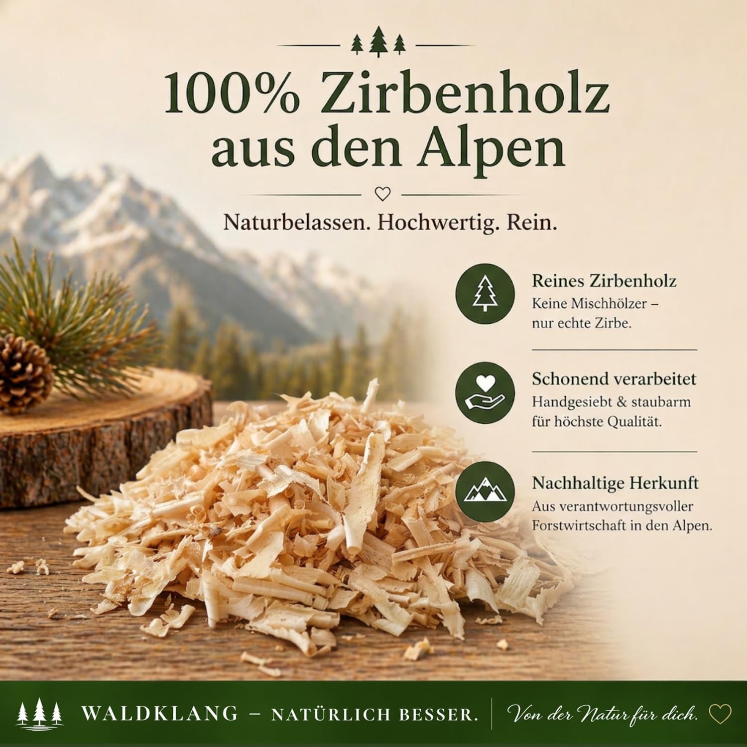 Waldklang Zirbenspäne 7 Liter - Zirbenholz aus Österreich - Füllmaterial für Kissen - Ideal für Holzdeko - Doppelt von Hand gesiebt (7 Liter)