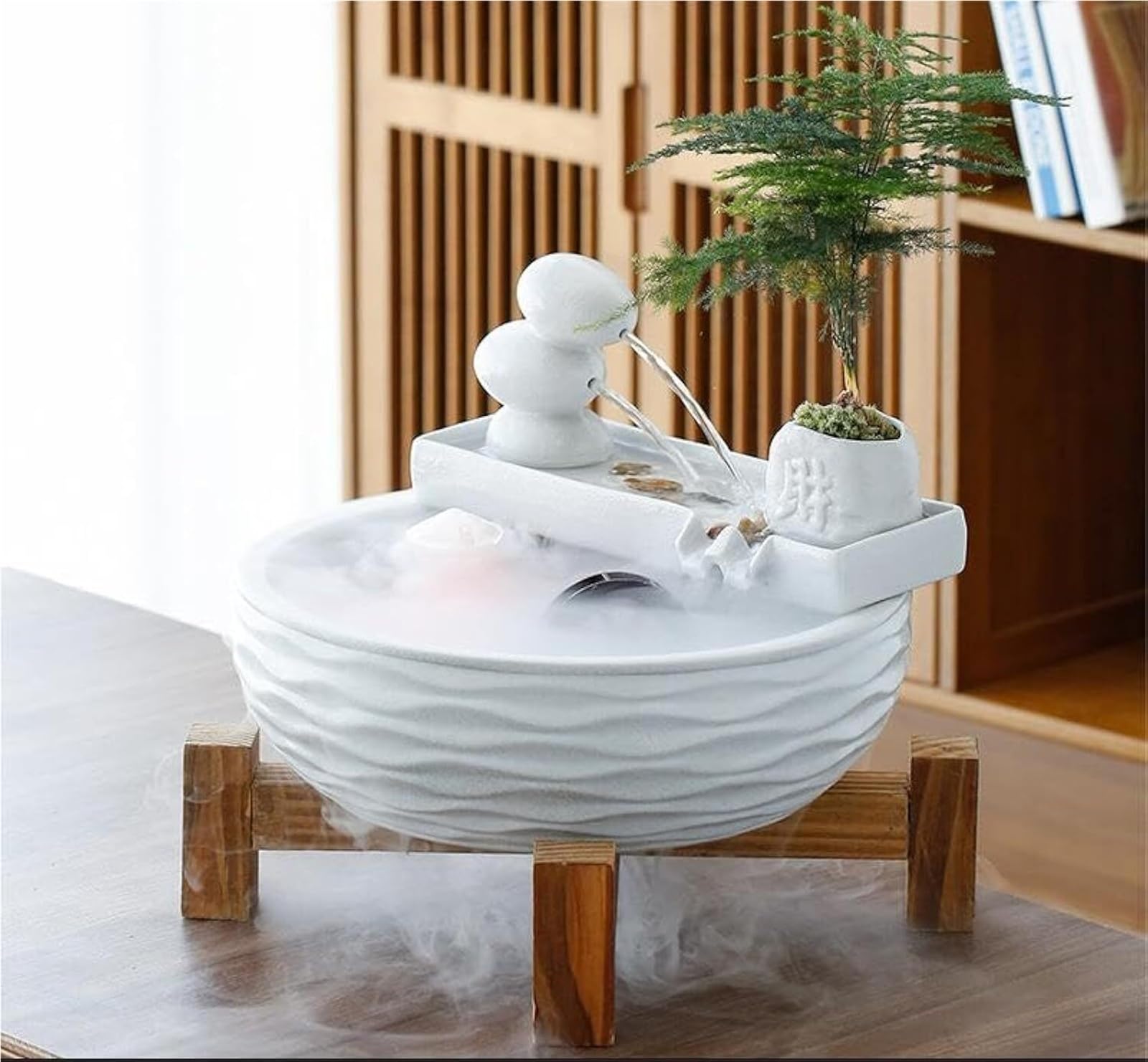 Fuente decorativa de jardín, fuente de agua con cascada, de cerámica, diseño de bambú, con iluminación LED, función humidificadora, bomba de agua, Feng Shui Zen, decoración para salón, oficina, jardín