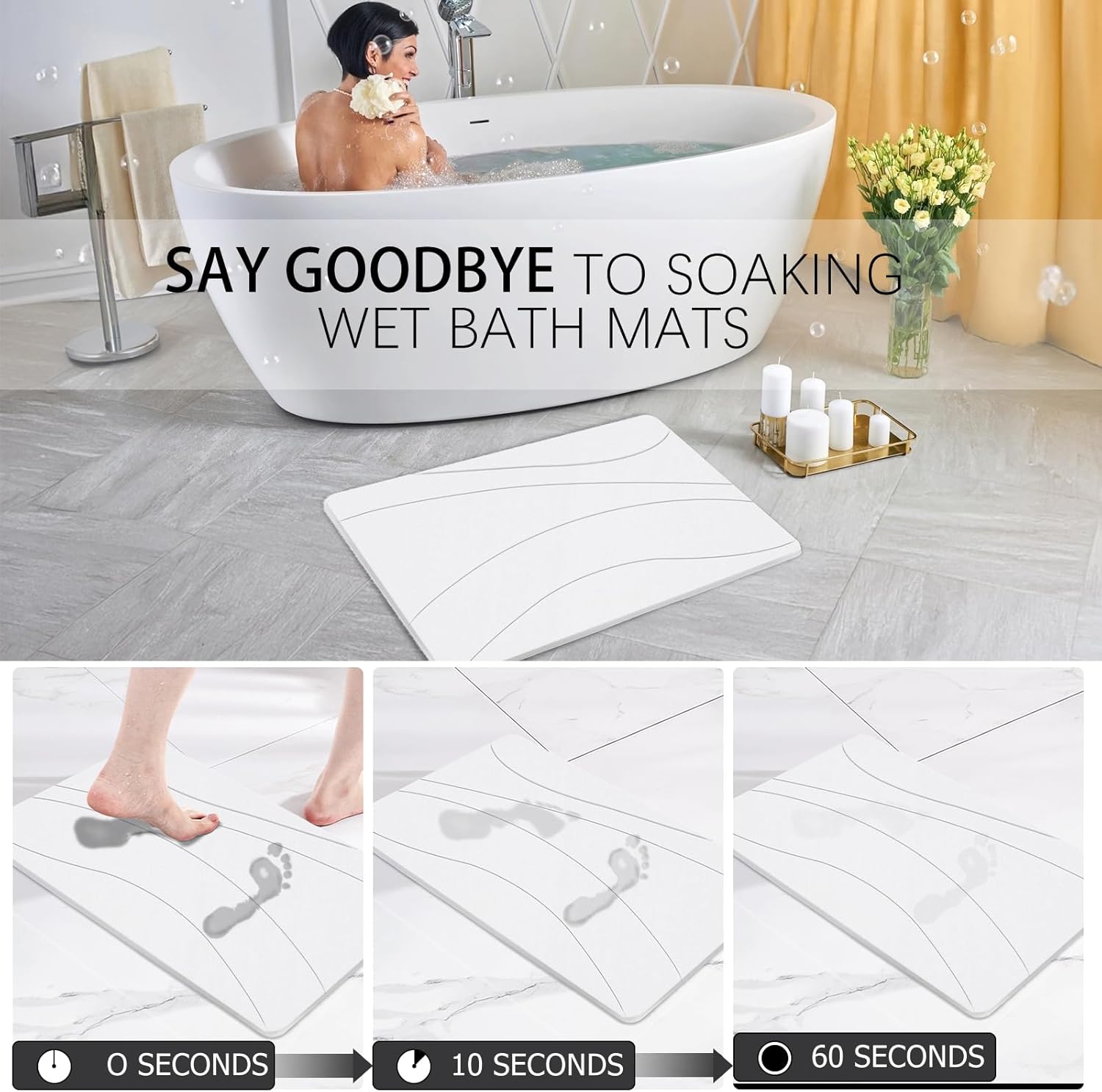 2 Pack Diatomaceous Earth Shower Mat/Super Absorbent Diatomaceous Earth Shower Mat/Stone Bath Mat Easy Clean Washable Shower Mat Carpet for Kitchen, Bathtub, Sink 60 * 40CM(White 2PCS)
