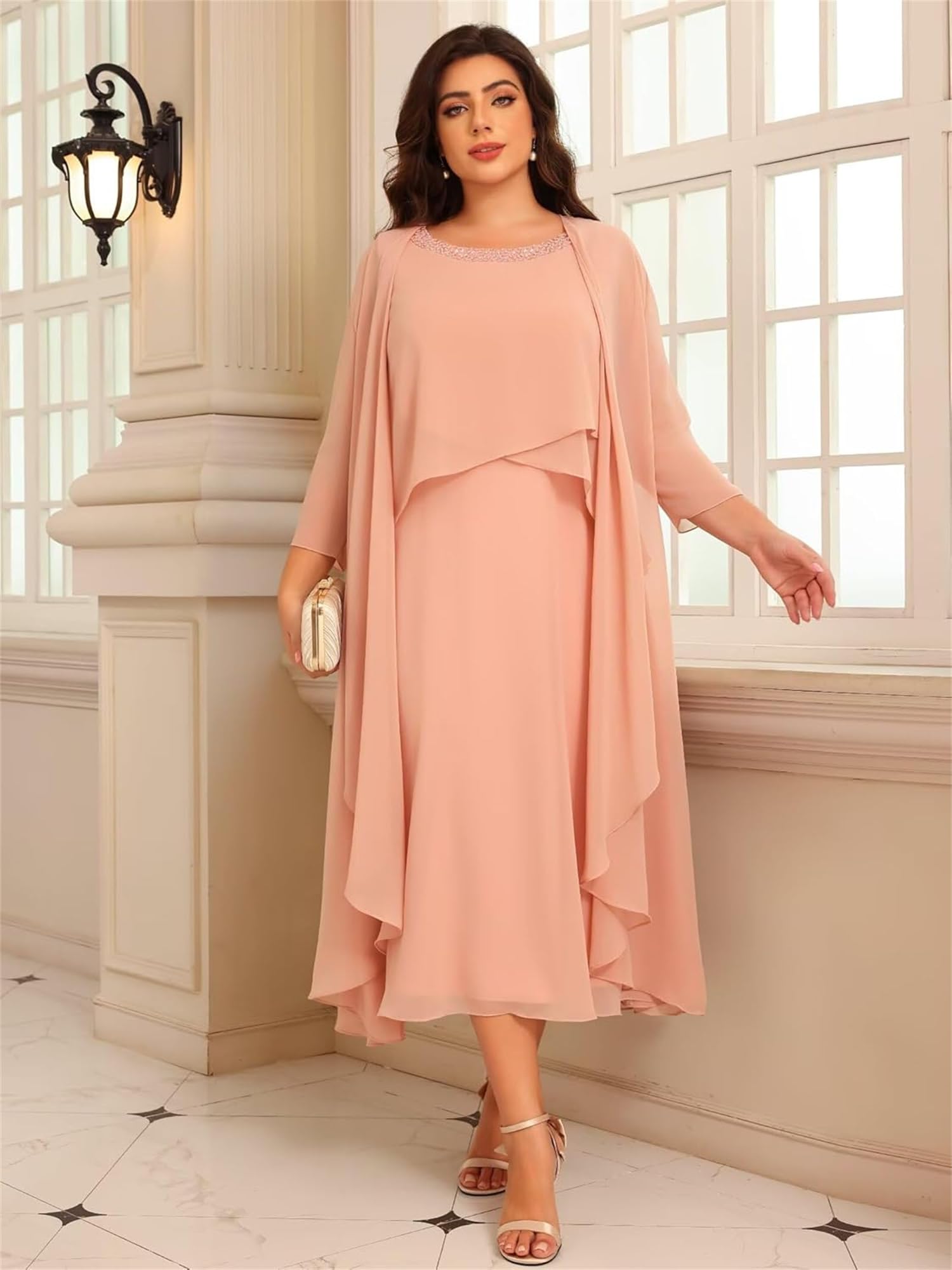 Große Größe Abendkleider Damen Lang,Zweiteilige Chiffon Brautmutterkleider mit Jacke Teelange A-Linien Hochzeitsgäste Kleid mit Bolero