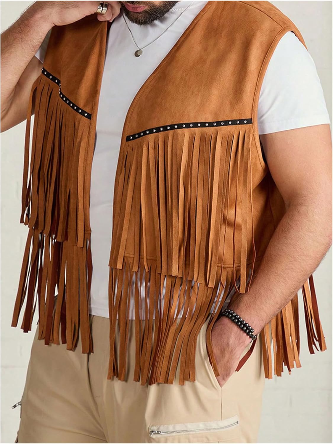 Men's Big and Tall Fringe Hem Sleeveless Vest Jacket 70s Hippie Faux Suede Western Cowboy Vest Waistcoat - Image 5