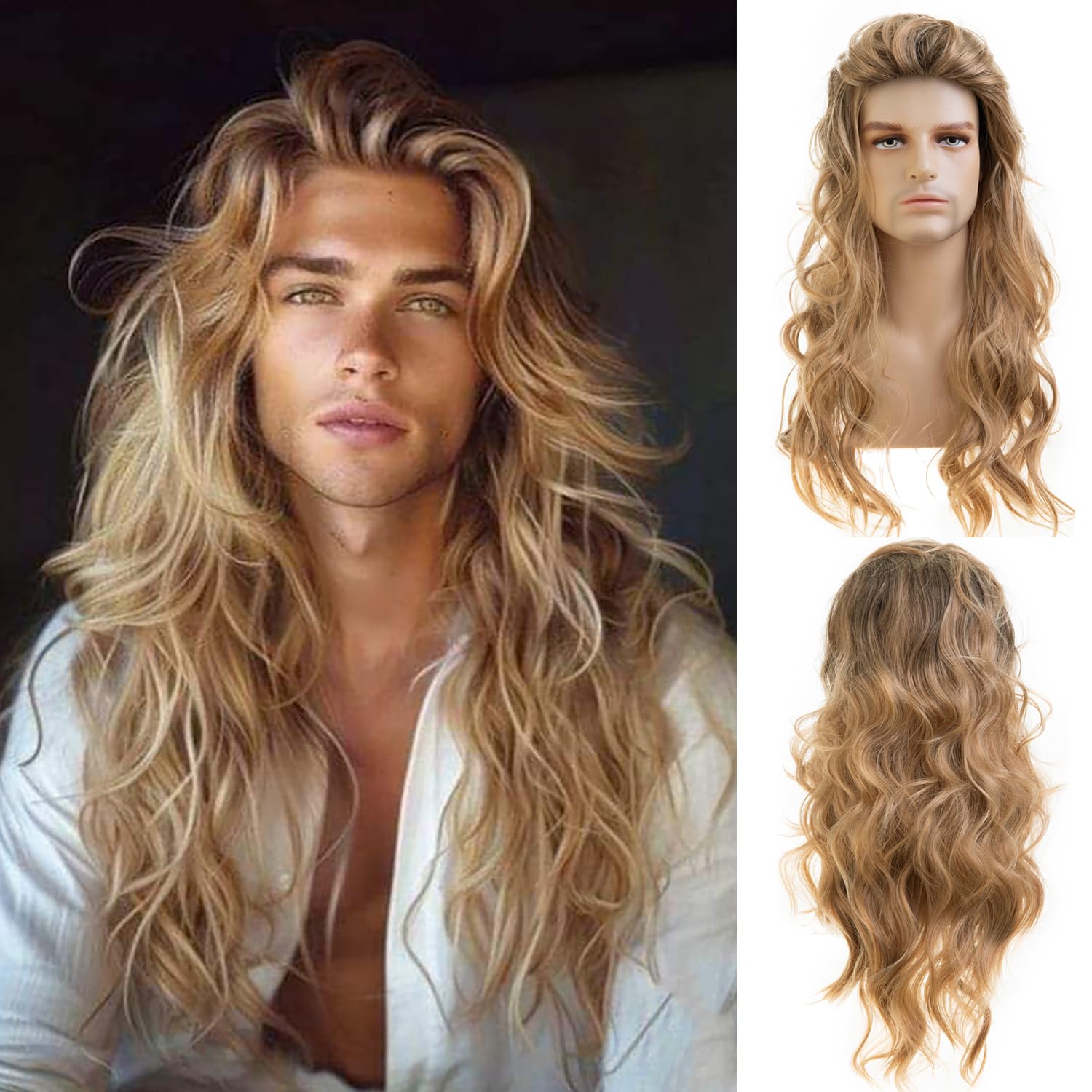 Long Wavy Blonde Wig for Men Synthetic Cosplay Party Replacement Hair Wig