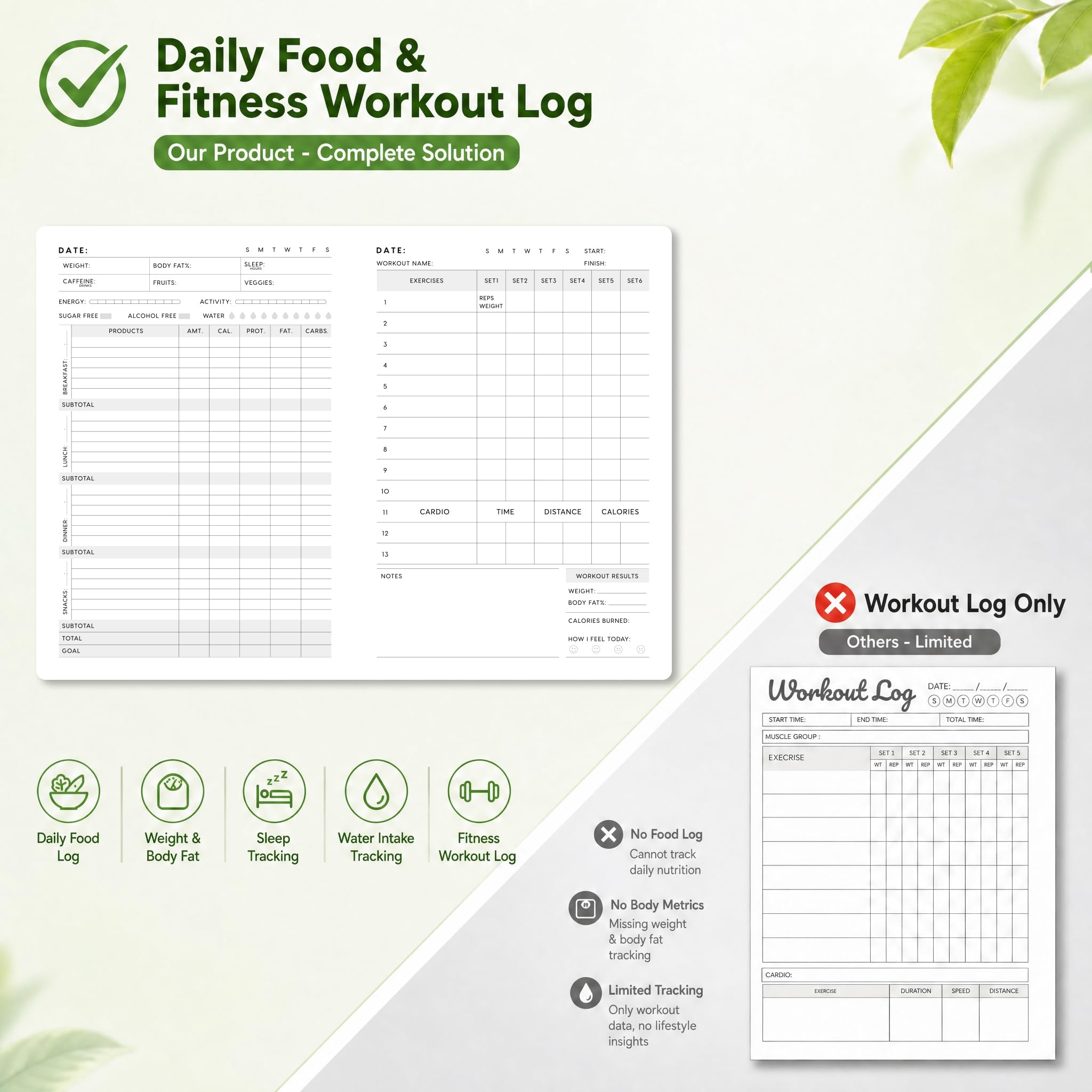 &And Per Se Dziennik fitness dla mężczyzn i kobiet, planer dziennika treningowego z codzienną dietą i ćwiczeniami na siłowni, monitor treningowy, bez daty, rozmiar A5, skórzana twarda okładka, leśna