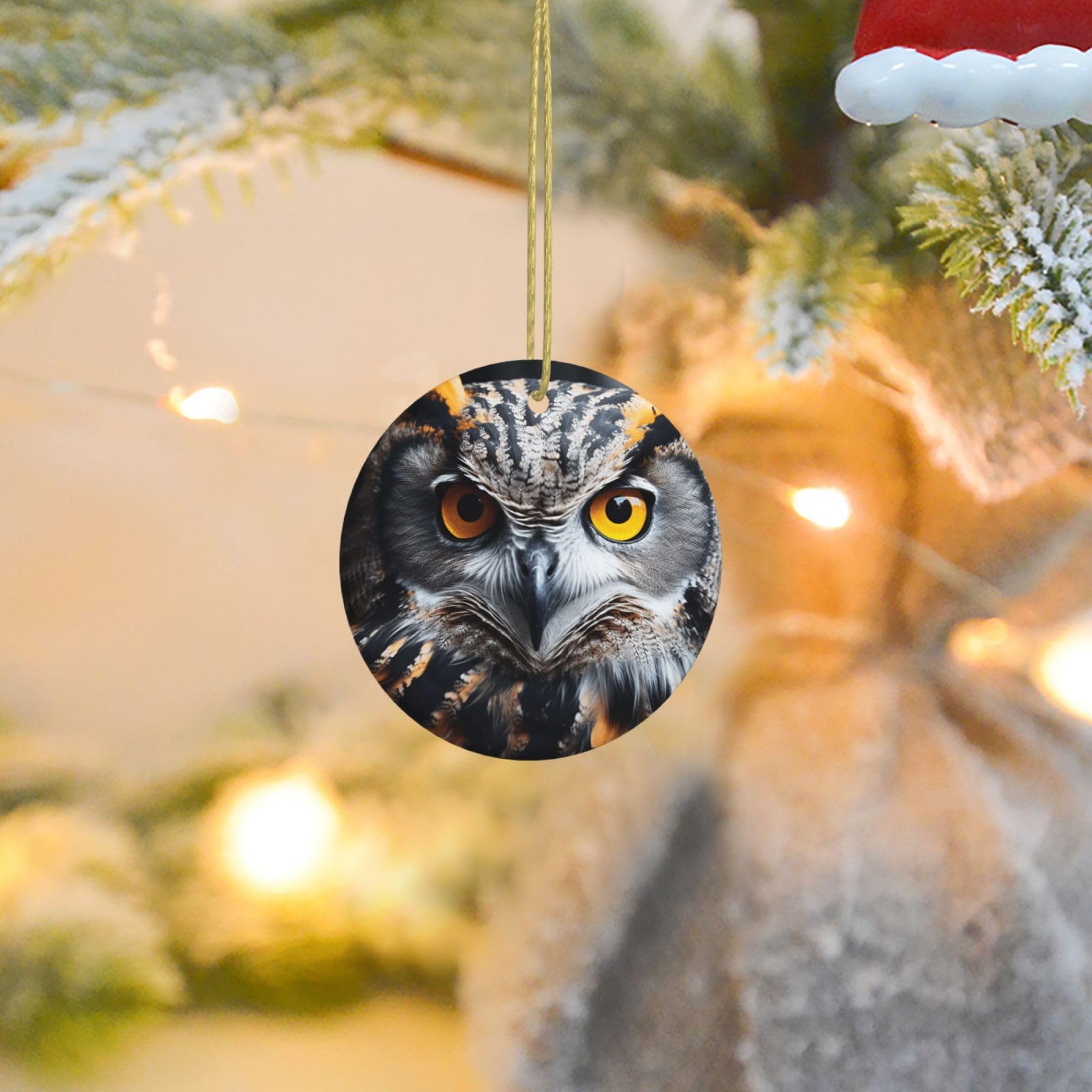 Christmas Ornaments for Christmas Tree Decoration Ceramic Hanging Owl Head Portrait Ornament with Gold Ribbon Crafts Round Pendant for Keepsake Gifts Glass Xmas Decor Party Supplies