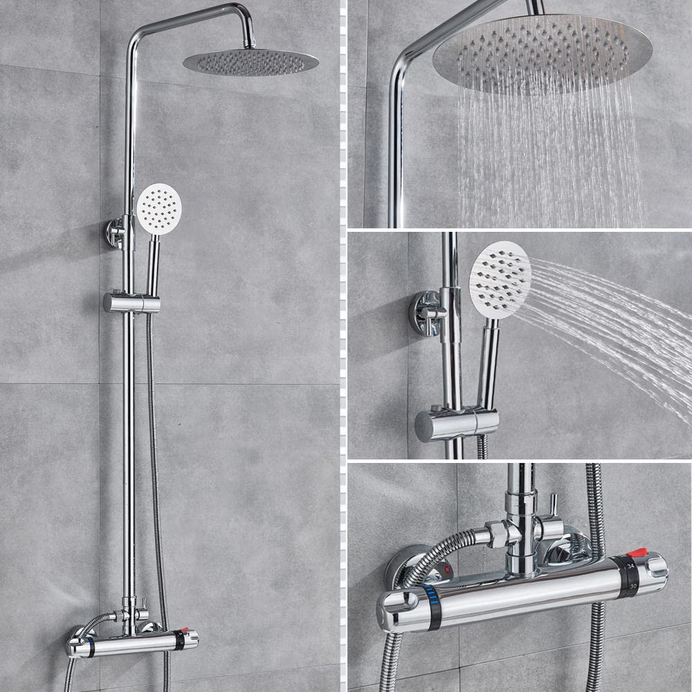 Mitigeur thermostatique de douche pluie 10 pouces mural chromé eau chaude et froide