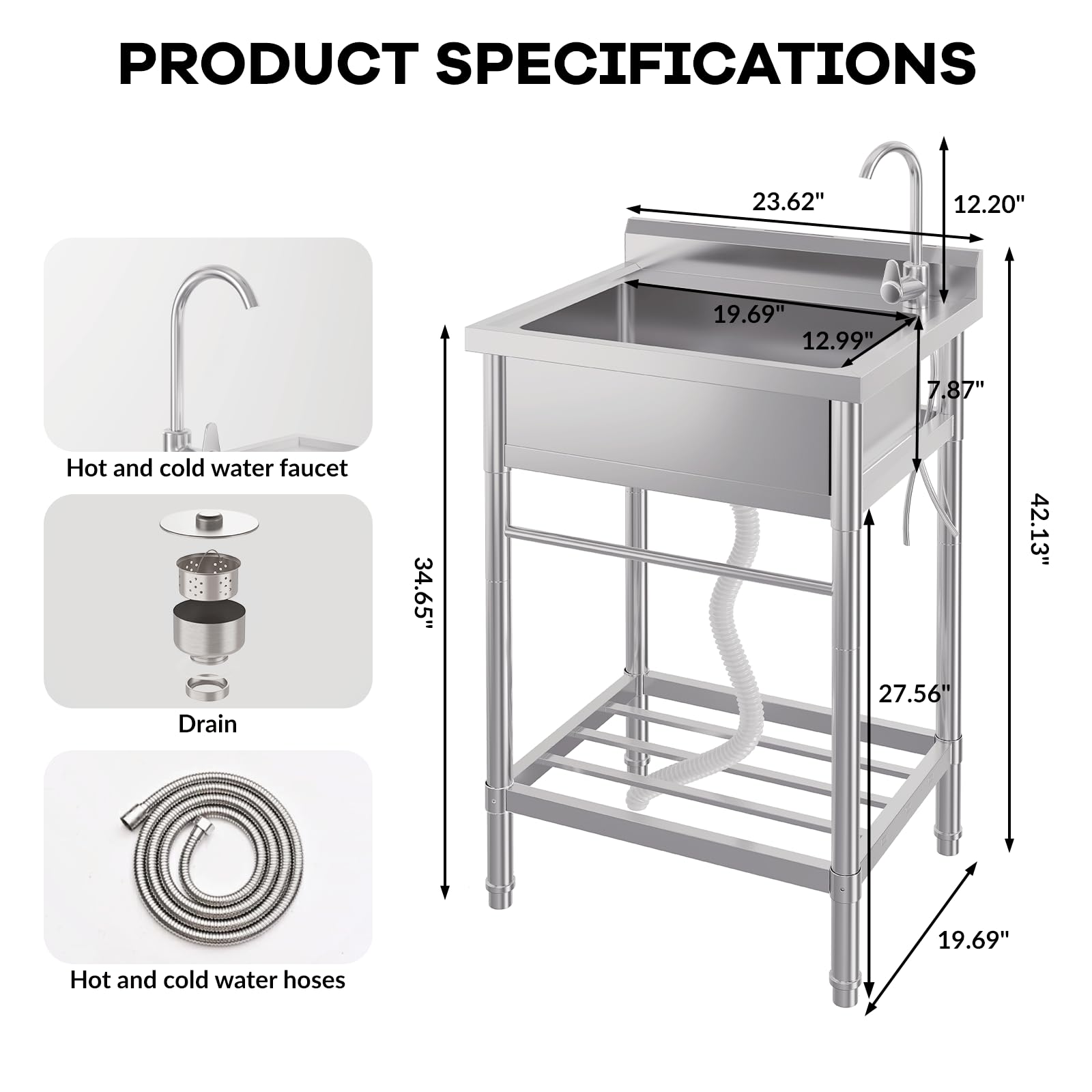 Hipicute 24 Inch Free Standing Sink, Single Bowl Stainless Steel