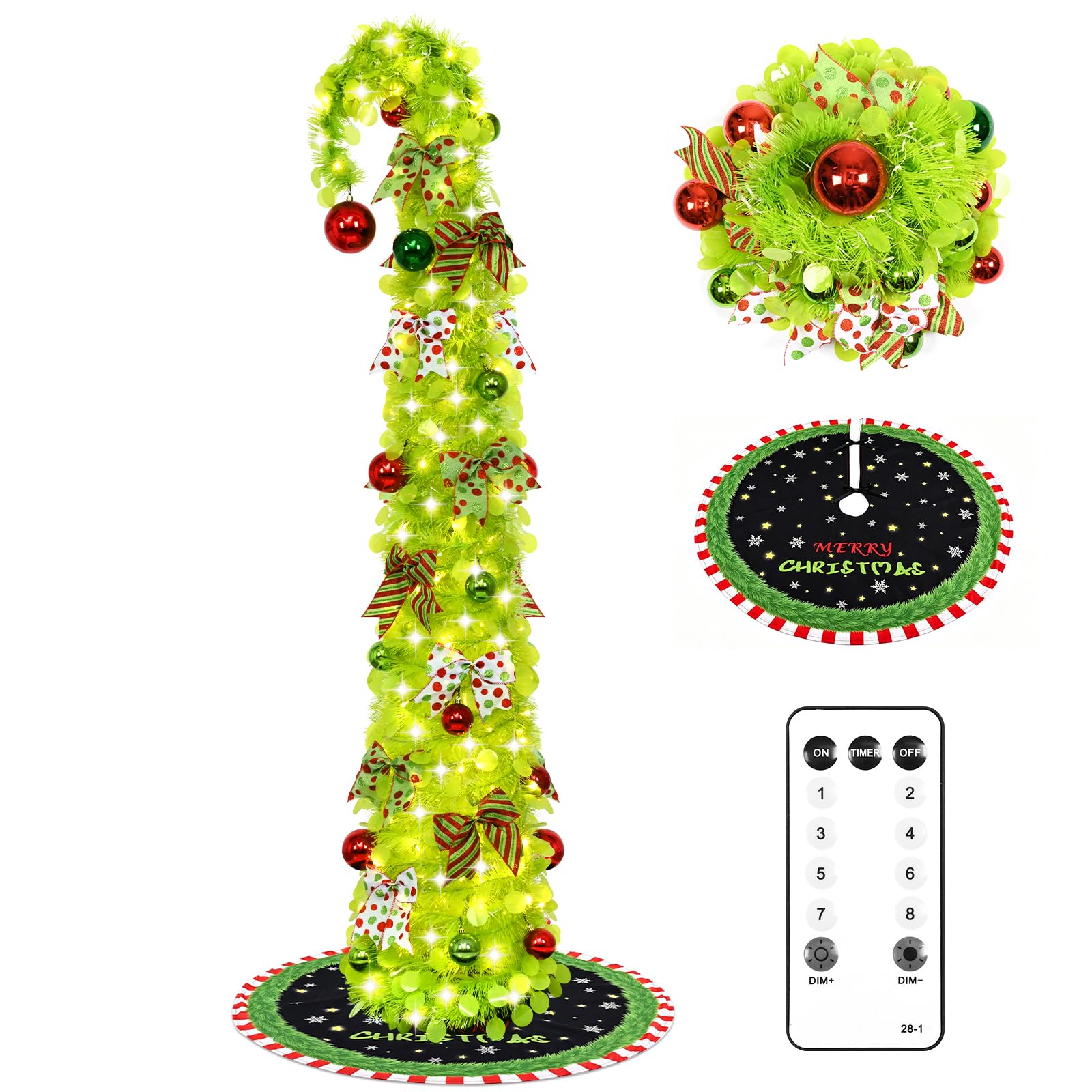 6FT Lime Green Pop Up Christmas Tree with 150 LEDs & Remote, Collpsible Bendable Whimsical Christmas Tree with Ball Ornaments Bows for Indoor Outdoor Home Decor