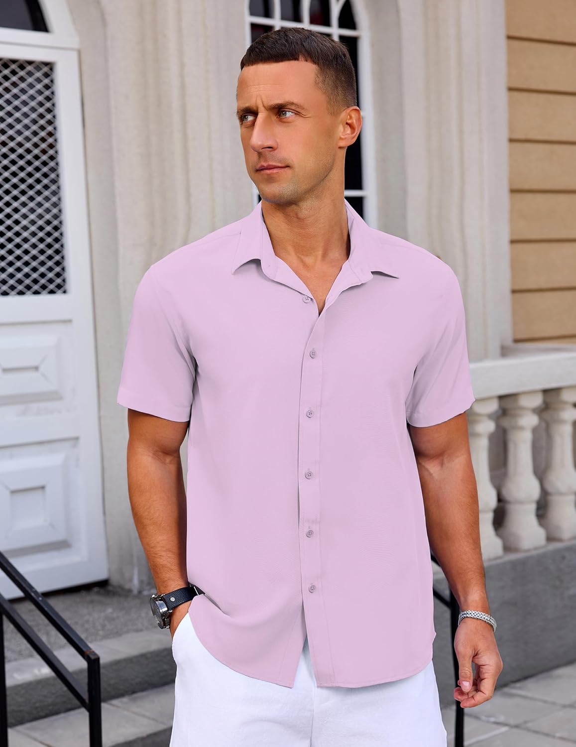 Mens Button Down Short Sleeve Shirt Casual Summer Wedding Untucked Dress Shirts - Image 5