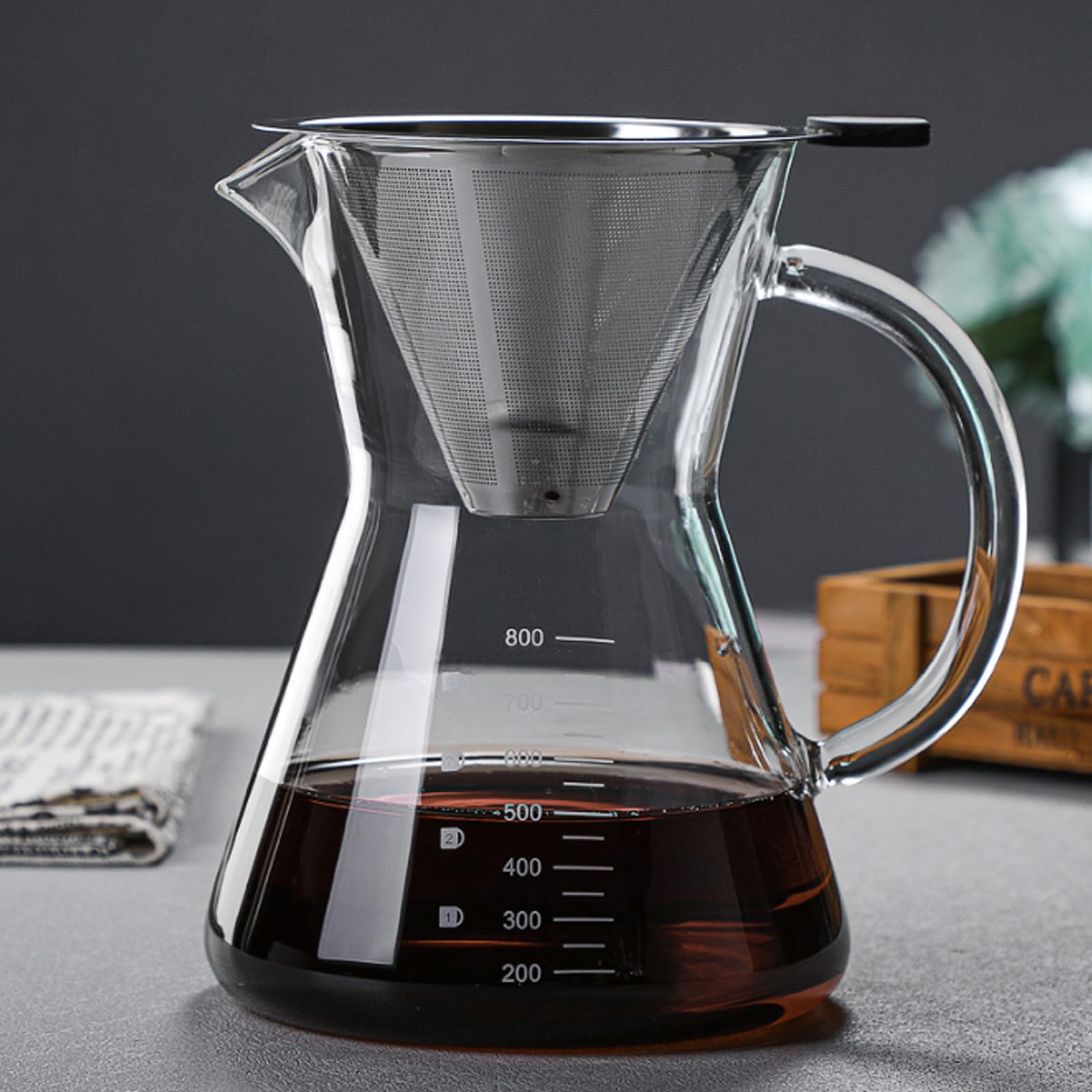 GOMETY Pour Over - Caffettiera in vetro borosilicato da 800 ml, con filtro in acciaio inox a doppio strato, con manico, in vetro per un piacere aromatico
