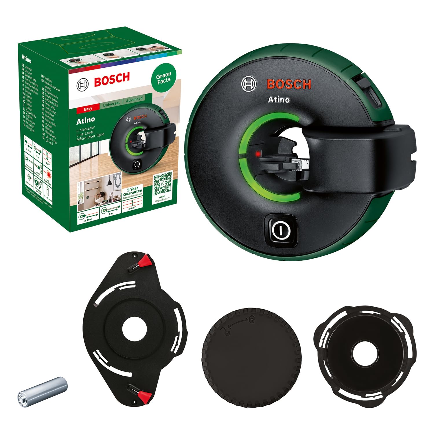 Bosch mètre laser ligne Atino 2ème génération avec mètre ruban verrouillable et amovible (alignements à l'horizontale ou à la verticale, dans boîte en carton)