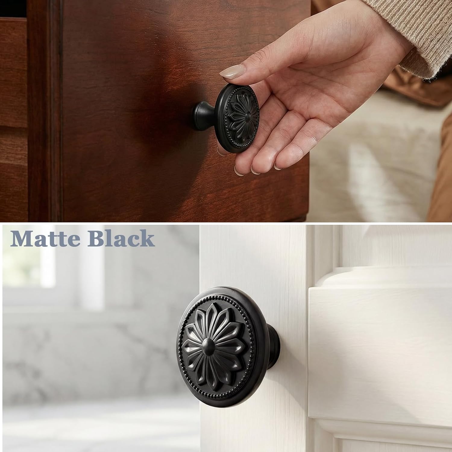 DWYL & LWYD 10 Pack Black Cabinet Knobs,Heavy Duty Zinc Alloy Flower Pattern,1-2/5"Dia Round Matte Black Kitchen Cabinet Knobs Handles for Cabinets and Drawers Drawer Pulls