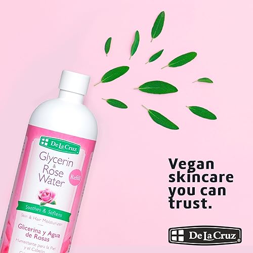Miniatura 6 de De La Cruz Agua de rosas y glicerina para la cara, tóner facial e hidratante de agua de rosas para piel y cabello, botella de repuesto de 16 onzas
