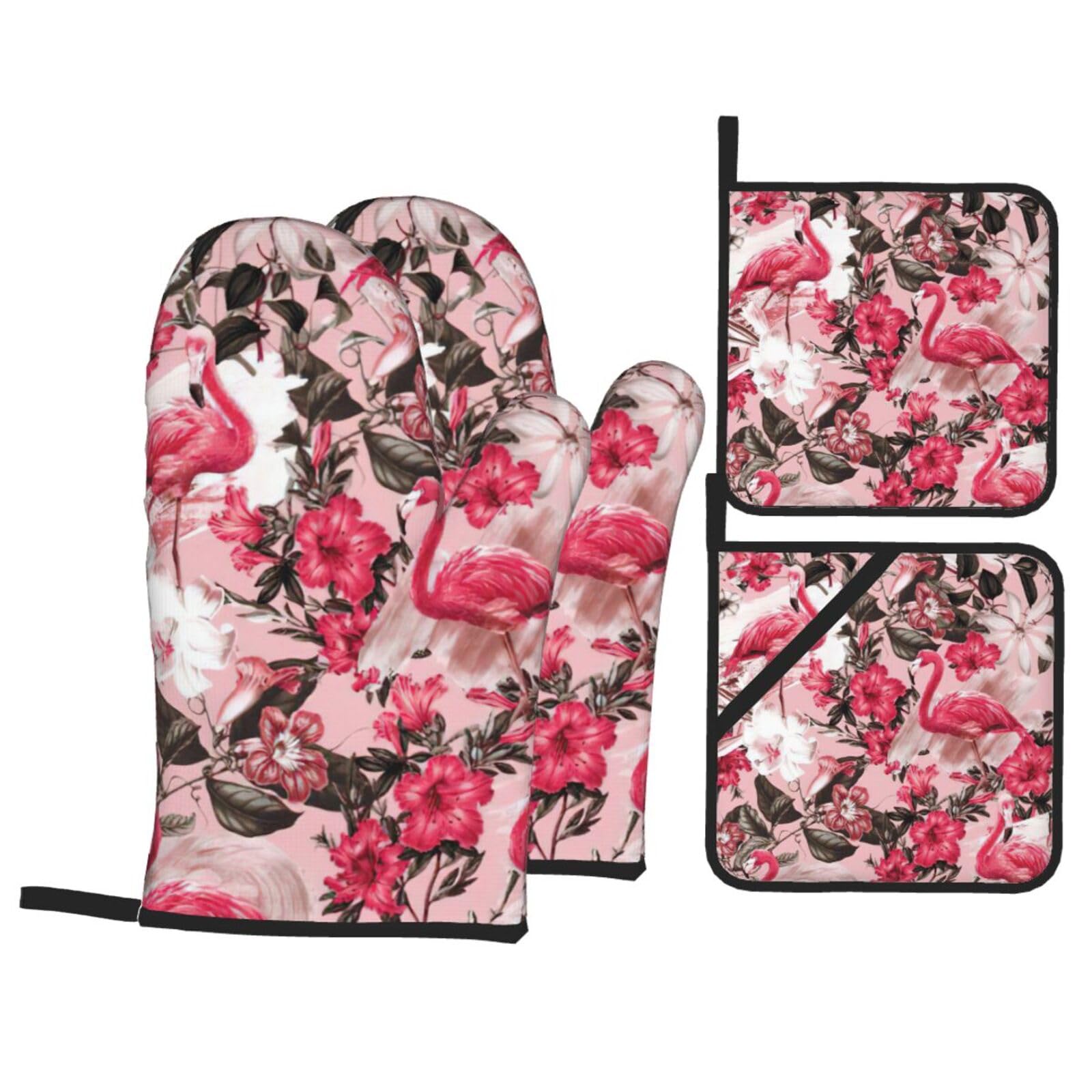 Flamingo Floral Printed Print 4-Piece Oven Microwaving Set Waterproof Kitchen Gloves for Baking Grilling Cooking