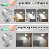Vista 3 de Lightbiz Luces LED de lectura, apliques de pared, 2 piezas con control remoto recargable, funciona con pilas, 3 temperaturas de color y luz