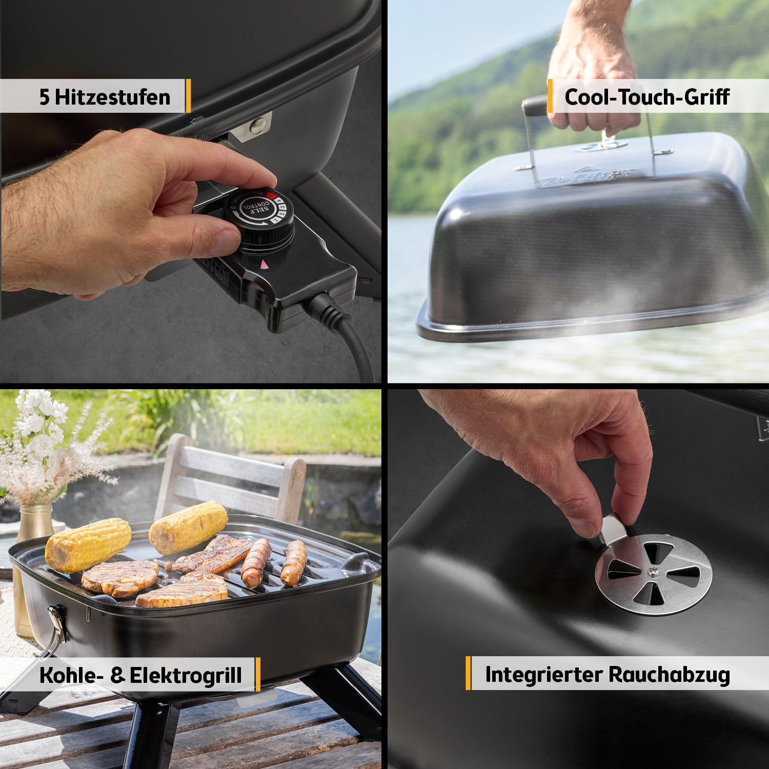 TZS First Austria 2in1 Elektrogrill Kugelgrill - extrem stabiler & kompakter BBQ Hybrid Elektrogrill für Balkon | 2000 Watt | Elektrisch oder Holzkohle | einfache Montage & Reinigung