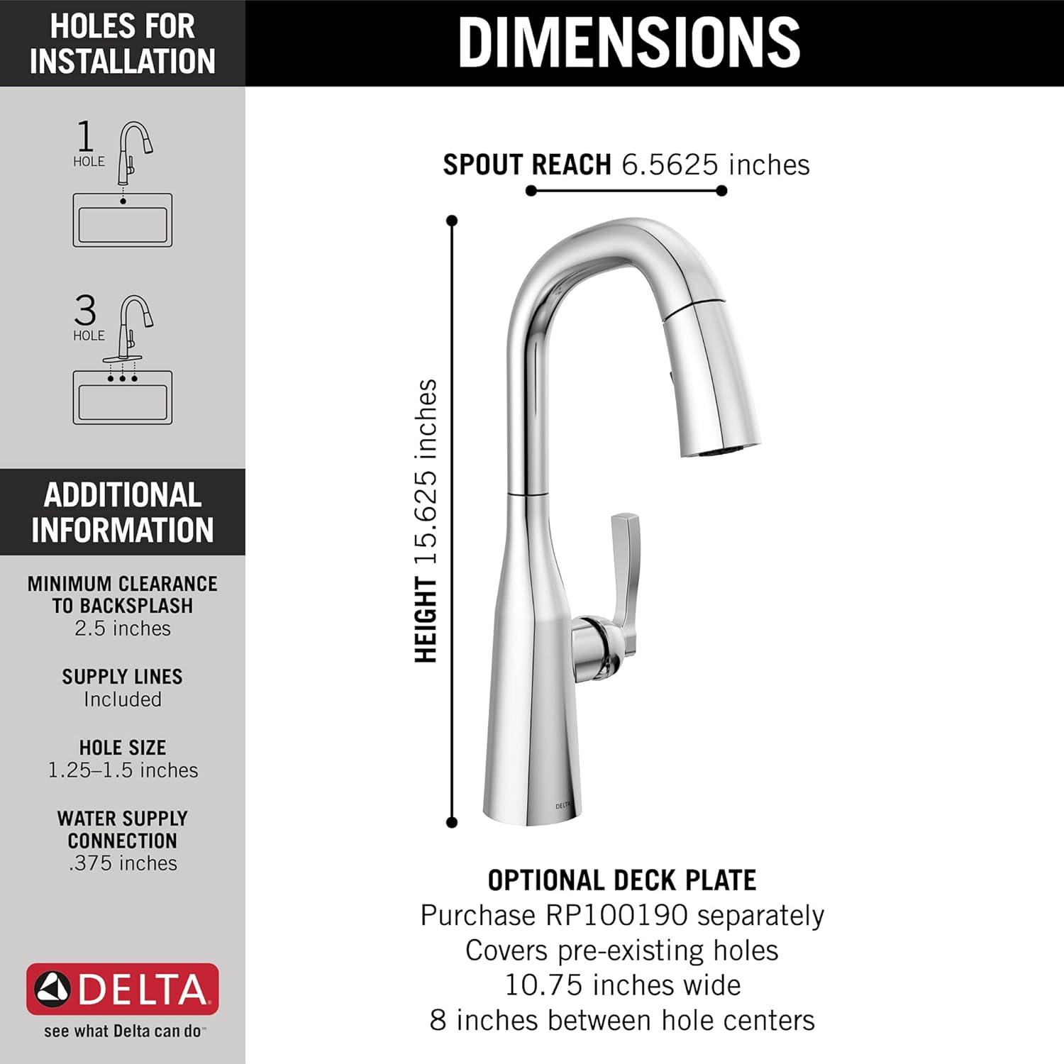 Delta Stryke Chrome Bar Faucet with Pull Down Sprayer, Modern Single Hole Prep Sink Faucet, Single Handle, Lumicoat Chrome 9976-PR-DST