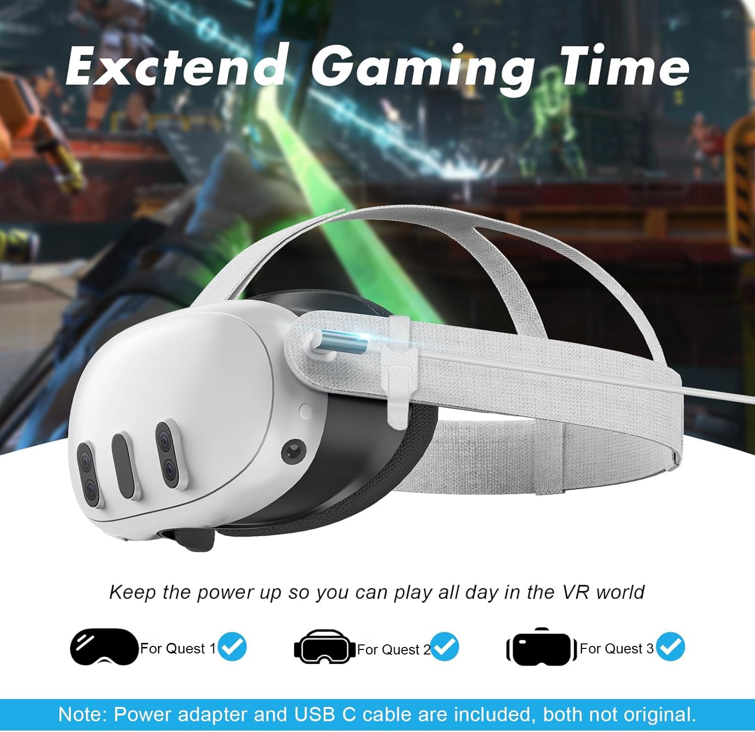 Accessorio cavo da 16 piedi per Meta Quest 3/Quest 2/Quest 1, cavo VR con porta di ricarica indipendente, cavo di ricarica USB 3.0 da tipo C a tipo C per PC da gioco con cuffie VR